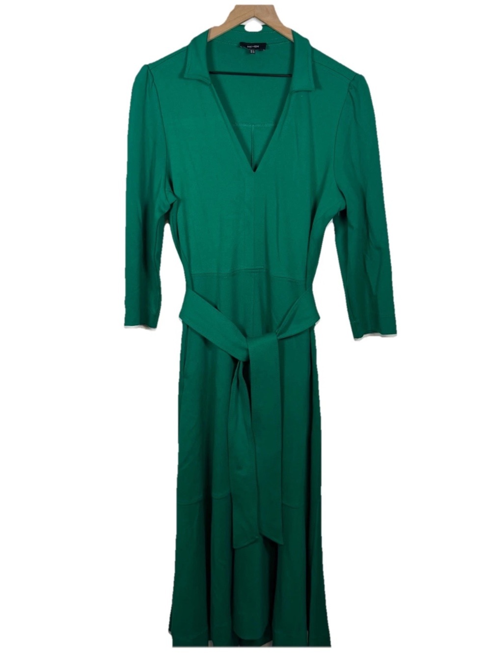 ME+EM Emerald Green Midi Dress 10 Collared V Neck Belted Pockets Stretch Knit